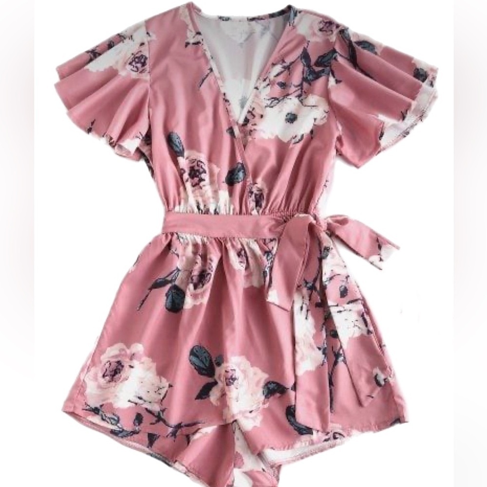 Zaful Women’s  Pink Floral Plunging Neck Layered Romper Medium